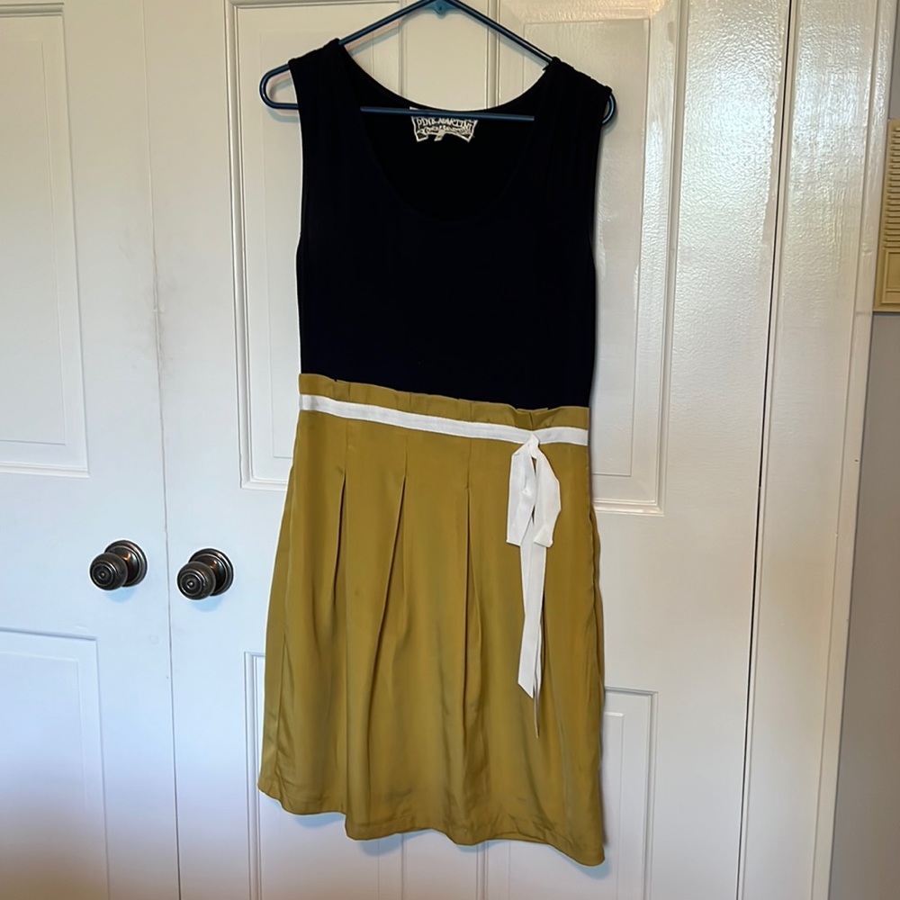 Anthropologie Black and Mustard Tie-Waist Sleeveless Dress